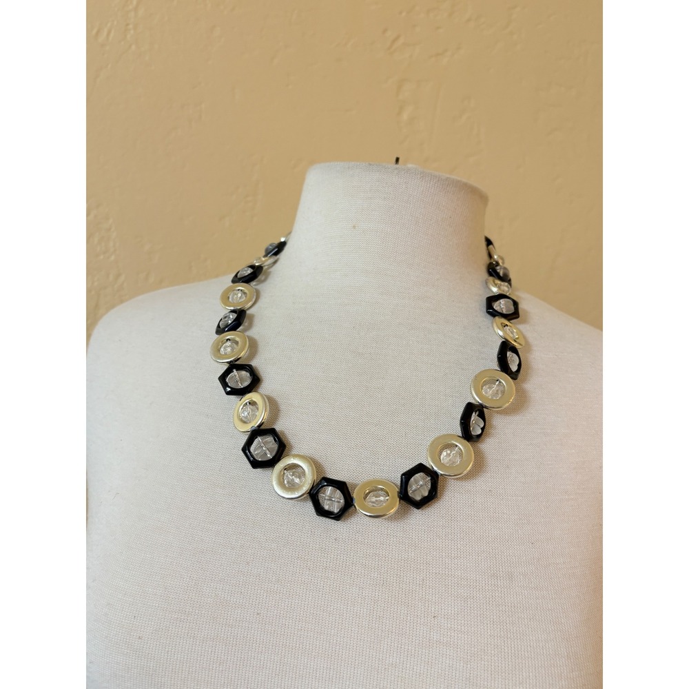 Vintage Geometric Black Gold Turquoise Hexagon Round Necklace 22"‎